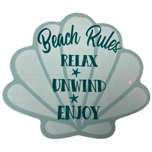 Marshalls Beach Rules Wood Shell Sign Relax Unwind Enjoy Teal Coastal Decor F72Q